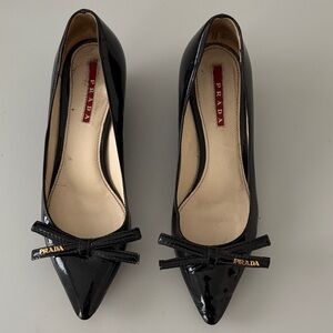Prada Black Patent Kitten Heel Wedge